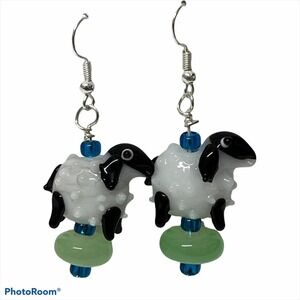 Glass Lampwork Beads Beaded Sheep Dangle Earrings figural novelty